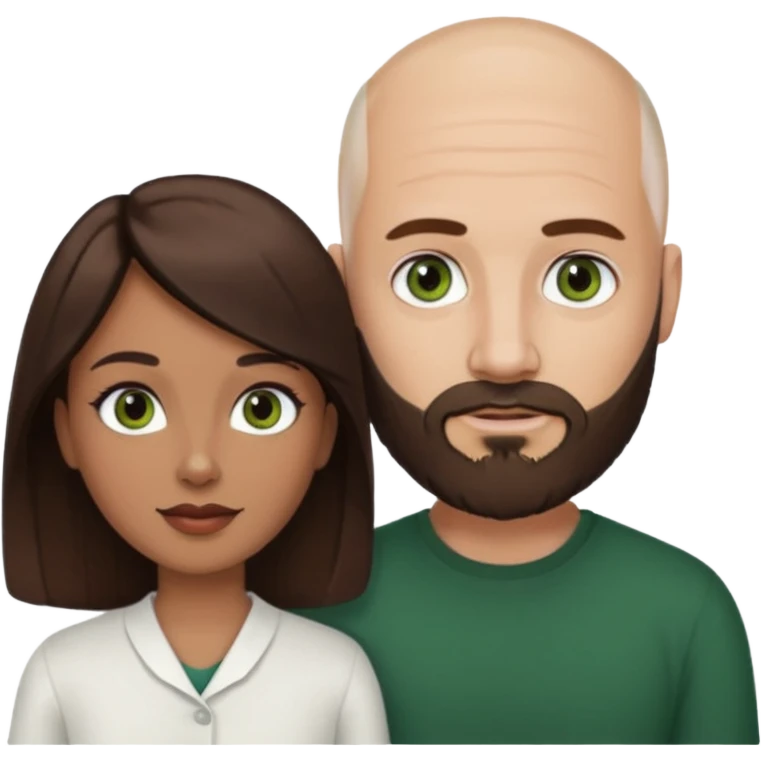 Man beard bald white dark green eyes, woman medium hair brown brown eyes latina  emoji