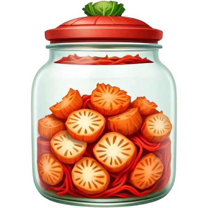Kimchi Cinematic Realistic Kimchi Dish Emoji, depicted as spicy, fermented cabbage with vibrant red hues neatly served in a traditional jar, rendered with dynamic textures and bold, appetizing lighting. emoji