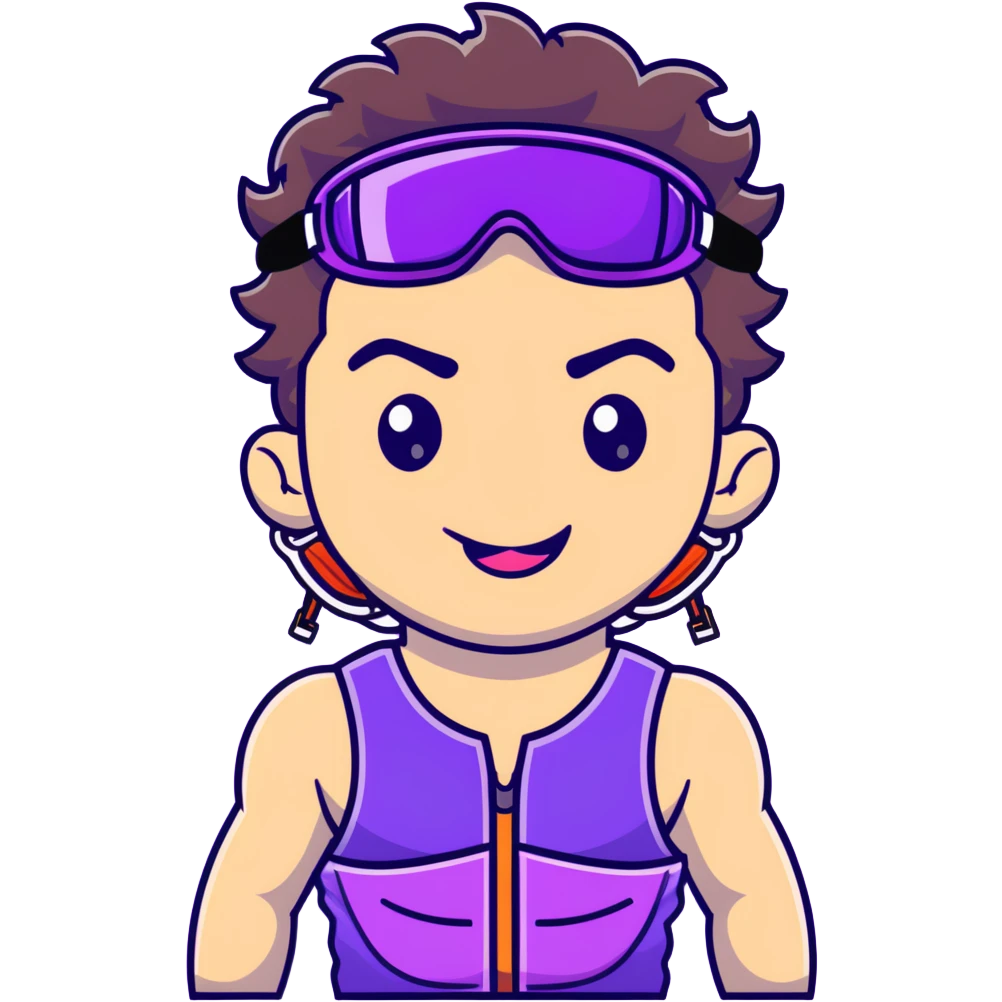 close-up of cool guy male athlete with white skin and moderately curly dark brown hair on top with shaved sides, with one purple ski goggle lens pushed up above his eyes on his forehead, sticking his tongue out of his mouth, wearing only a plain black chain necklace around his neck, and a completely unzipped sleeveless vest with purple and black sequin fire pattern design with no logo, clearly showing he is shirtless underneath with exposed chest and abs emoji