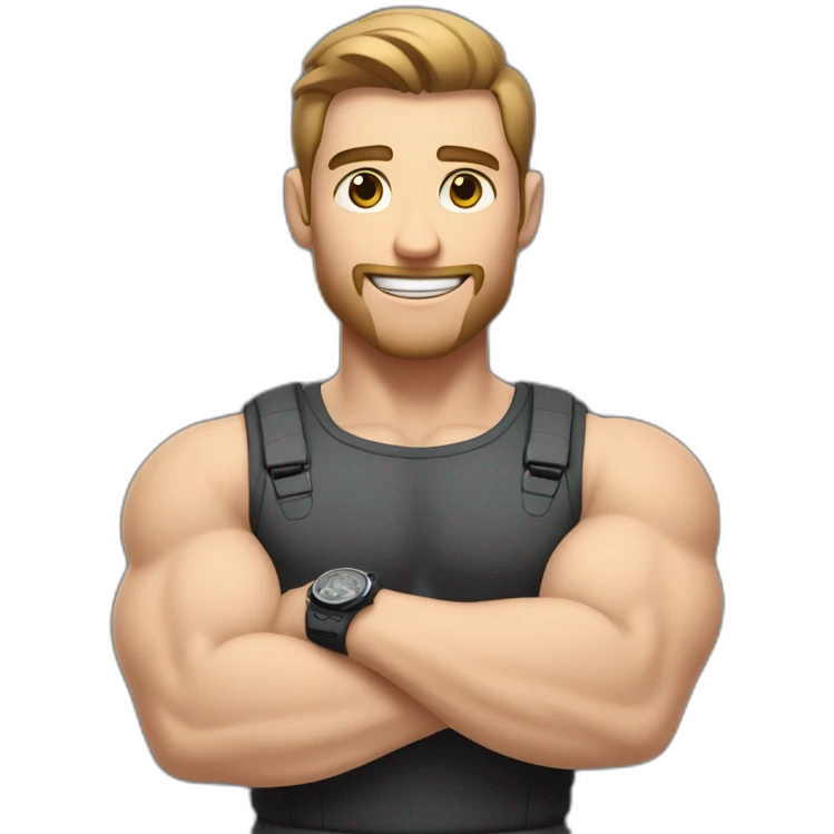 Close up Actively gesturing  with hands Pale skinned Fit Man With the biceps and brown hair in dark gray Sleeveless Mike, black oversize sports shorts, watch and white Sneakers emoji
