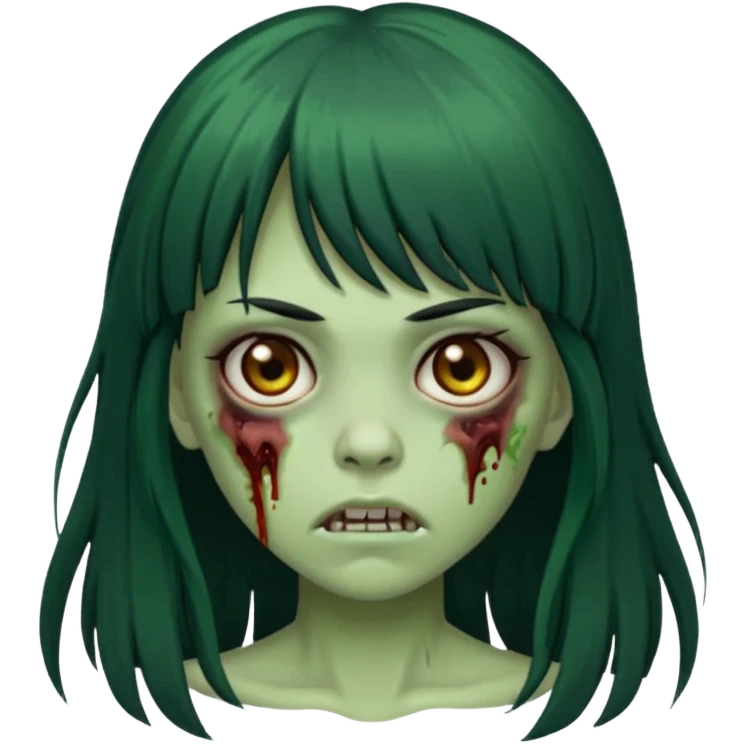 Zombie emoji girl, skin green, black long hair with bangs black, brown eyes  emoji