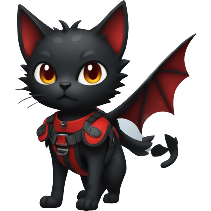 Cool Edgy Evil Litten-Nargacuga-Cat with black bat-wing-ears with a red harness full body emoji