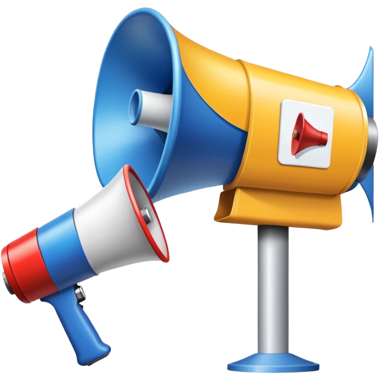 An icon featuring a megaphone, a billboard, and social media icons, symbolizing advertising and public relations. The design includes a press release and a rising graph, representing brand promotion and communication strategies. Transparent background highlights media influence and outreach. emoji