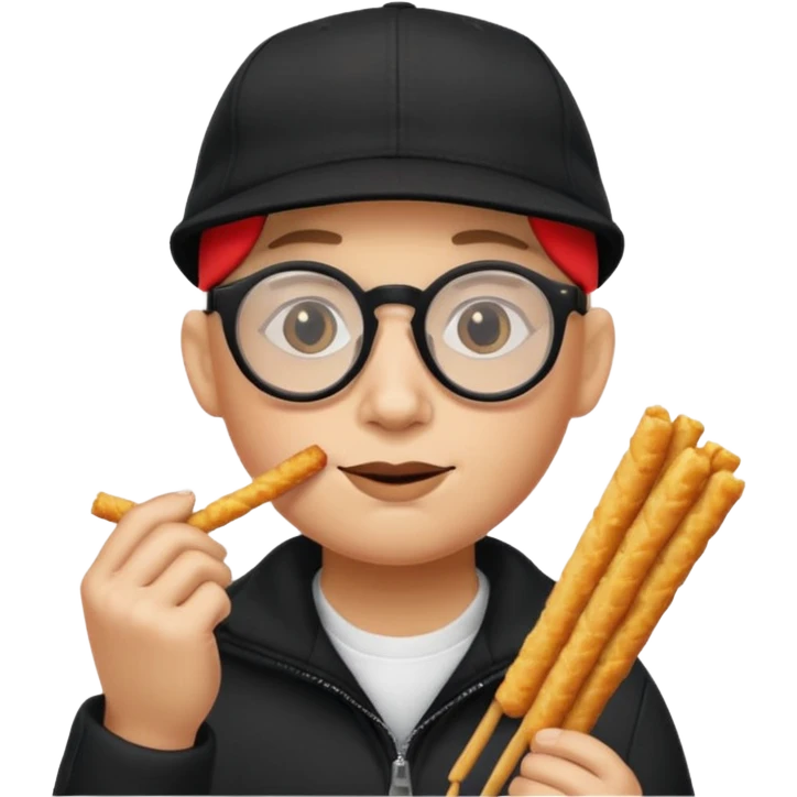num num eatting hashbrown sticks with a plain black cap and glasses no hair add the words Rollin' 18 to hat emoji
