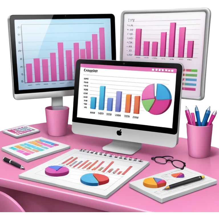 computer on a desk with papers, notes, notebook and pens showing data analysis stuff on it pink emoji