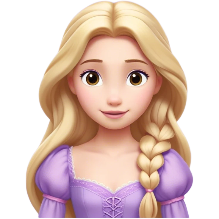 Cinematic Realistic Rapunzel Portrait, with porcelain-like skin featuring a subtle, natural glow, illuminated by soft lighting that brings out the gentle contours of her face. Her long, golden blonde hair cascades in detailed waves, each strand highlighted with a radiant shimmer as it catches the light. Her bright, expressive green eyes exude curiosity and warmth, framed by delicate lashes and soft, arched brows. Her expression is playful and vibrant, with a gentle smile. She is dressed in her classic lavender and pink gown, the fabric textured with delicate folds that flow naturally, catching the light with a soft, radiant glow. The portrait captures a luminous, enchanting aura, seamlessly blending realism with a whimsical, fairytale charm, evoking a timeless sense of beauty and magic. emoji