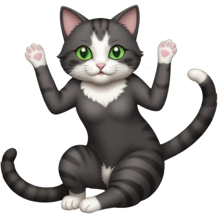 beautiful female solid dark grey cat with green eyes, white toes/paws and white patch on her chest playfully rolling upside down emoji