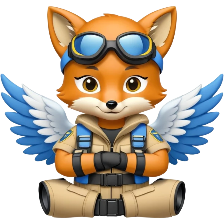 barbie cute Goon female Fox wearing AFU and NVGs. A fox with wings, an angel behind, and arms crossed on the chest,  special ops cartoon design, blue and yellow style,  2d vector art, white borders, contour, solid background emoji
