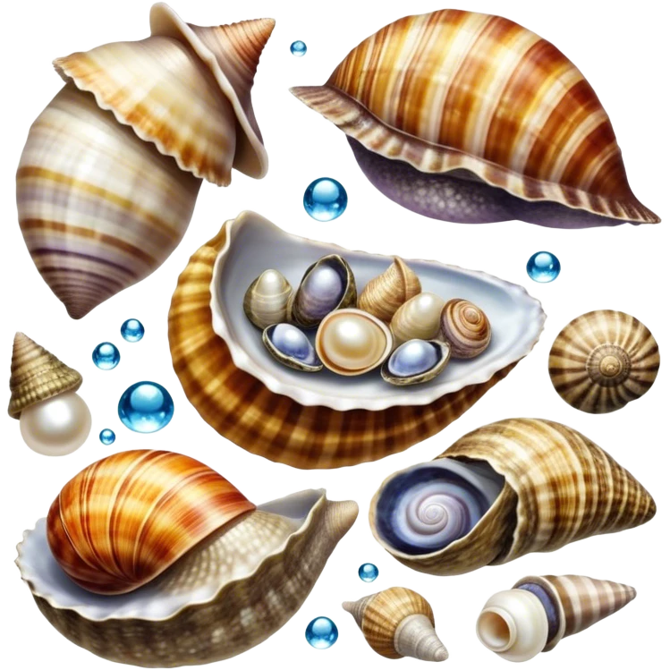A colorful collage of sea snails, clams, and oysters, with intricate shells, pearls, and water droplets. Some shells are open, revealing the soft interior, while others remain closed. Beautiful oceanic background with soft lighting, coral, and aquatic plants. Transparent background. emoji