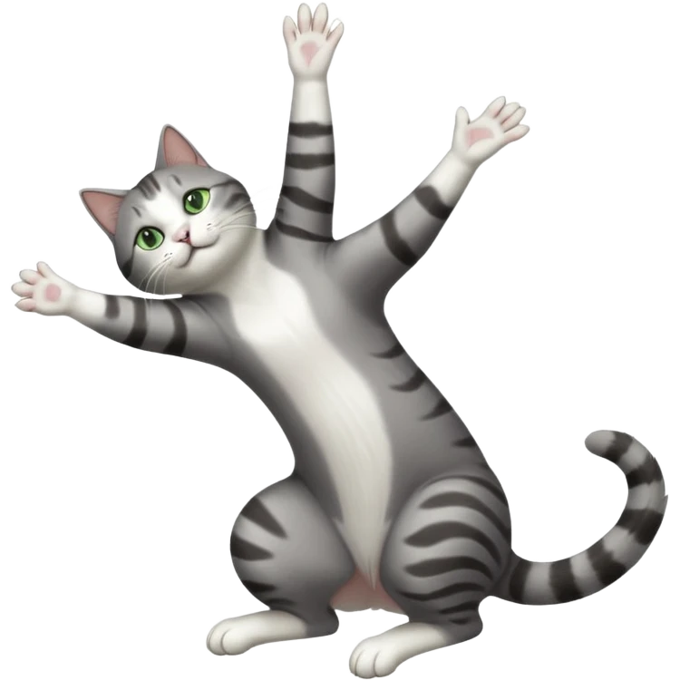 grey and white cat with green eyes doing a big extremely long stretch reaching up into the air with arms and legs side by side together straight and overextended whilst lying on its side emoji