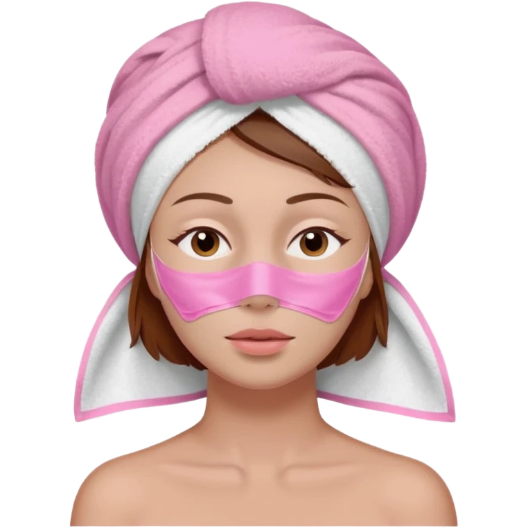A woman with brown hair partially visible beneath a white towel wrapped around her head. Her face is covered with a pink skincare mask applied to the T-zone and cheeks. She has a calm, content expression with her eyes closed emoji