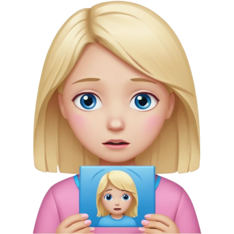Blond hair girl with blue eyes in pink holding picture of kids and crying emoji