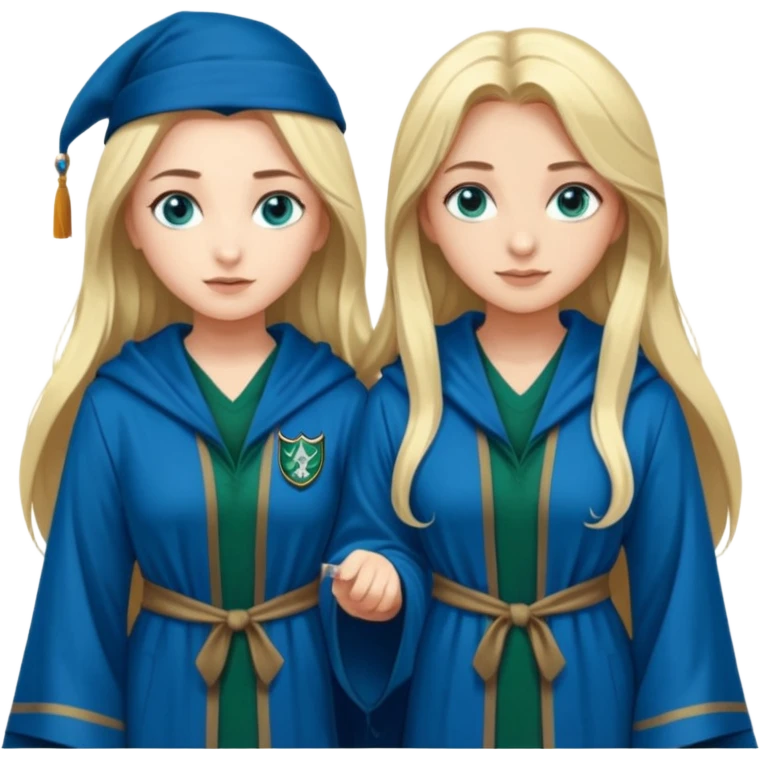 hot Slytherin girl with long blonde hair, blue eyes and big boobs standing with a pretty ravenclaw girl with long dark brown hair and blue eyes emoji