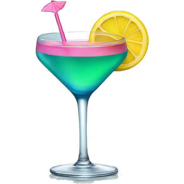Bluish green cocktail with pink and yellow emoji