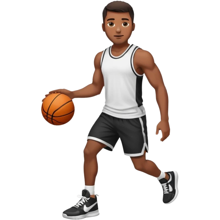 Handsome Black guy with brown skin tone, with muscular build, wearing black basketball shorts, a white tank top, and Nike sneakers emoji