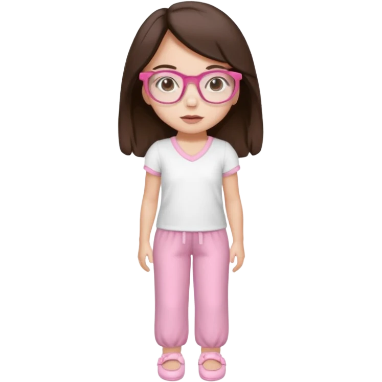 Girl with dark brown hair, light skin, brown eyes, wearing a miu miu glasses the brown ones, and wearing a top in white with a pair of pyjama pants in pink and a slipper in white  emoji