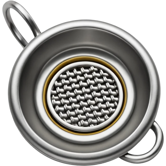 3D render of Tea Strainer, made of interlocking chainmail metal rings, wire mesh texture, visible holes and negative space, metallic silver and grey, high contrast shadows, emoji style, isolated on white background --v 6.0. emoji