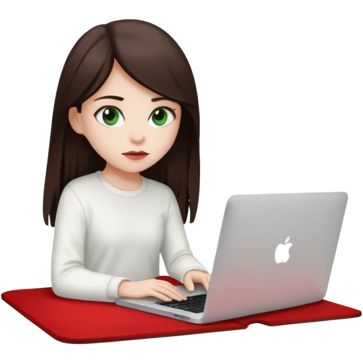Long dark brown haired, white skinned, dark green eyed girl in white clothes girl sitting in macbook with a red carpet  emoji