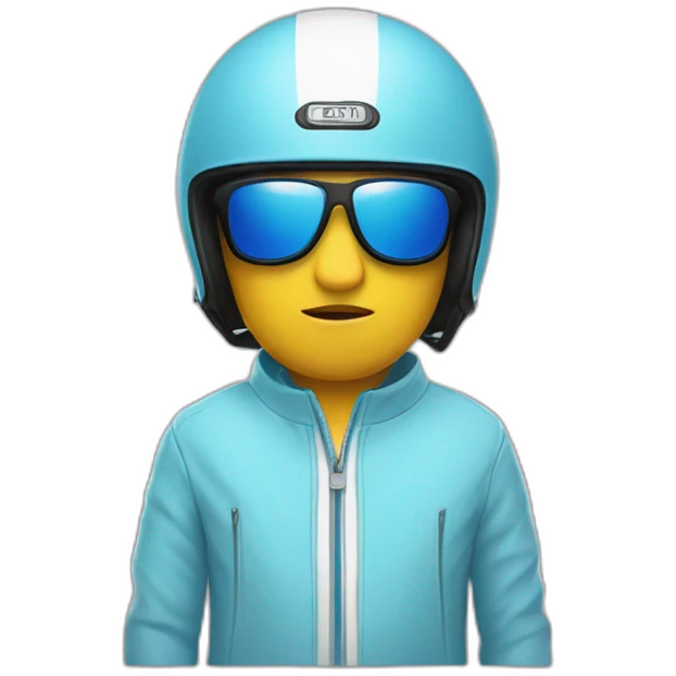Rider with helmet and sunglasses wearing light blue and white jacket standing with attitude emoji