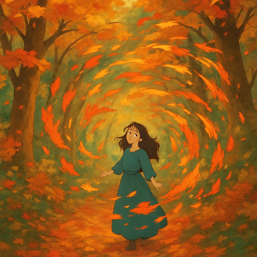 magical autumn forest with swirling colorful leaves emoji