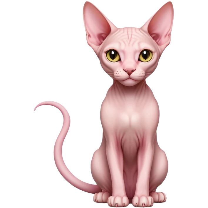 cinematic-[sphynx cat]-realistic-full-body-sitting-emoji,-tail-curled-playfully-around-its-paws,-head-tilted-dramatically,-sleek-[pink]-skin,-simplified-yet-realistic-focused-features,-highly-detailed,-glowing-with-an-almost-sarcastic-glow emoji