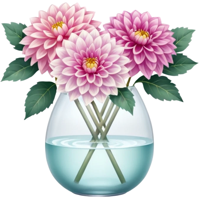 soft pastel realistic dahlia flowers in a clear vase with clear water emoji