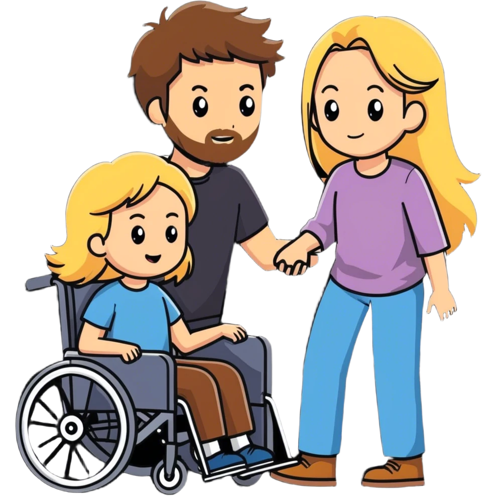 Brown haired man with a beard in a wheel chair with long blonde haired mom pushing emoji