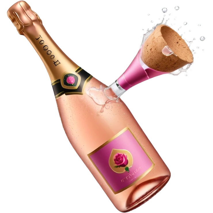 bottle of sparkling rosé champagne with a rose logo on the label, with the cork popping out, tilted up and to the left, no glass emoji