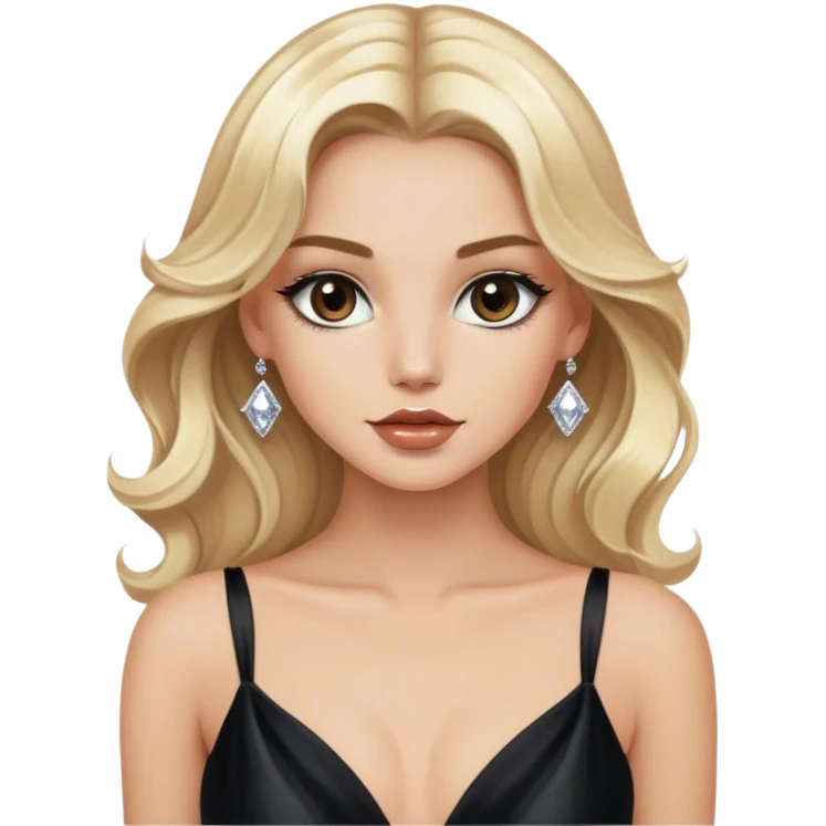 Luxury blonde model, brown eyes, sleek wavy hair, black silk gown with diamanté straps emoji