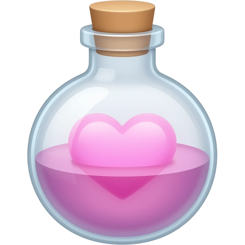 A glowing aphrodisiac potion bottle releasing soft pink, heart-shaped mist, no lid emoji