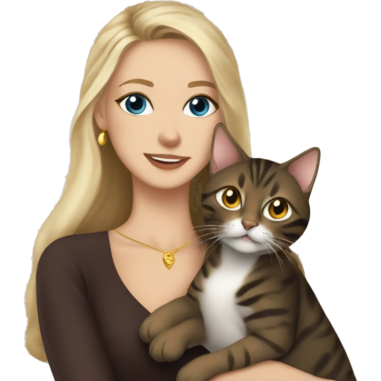 Beautiful skinny woman long dark brown hair in dark dress with gold earrings and blond man with blue eyes hug bengal cat emoji