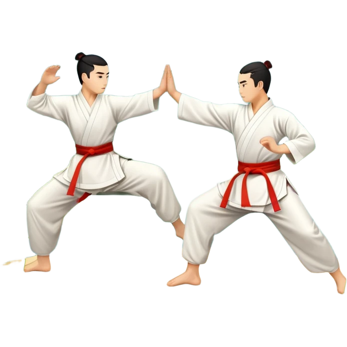 Two martial artists in traditional Wushu attire, performing elegant, fluid moves. The background shows a peaceful, scenic landscape with mountains and bamboo trees, symbolizing the balance of power and grace in Wushu.  emoji