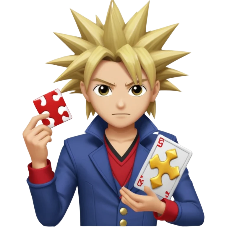 Yugi from Yu-Gi-Oh as an emoji, focused dueling pose, holding a card, spiky hair, Millennium Puzzle visible emoji