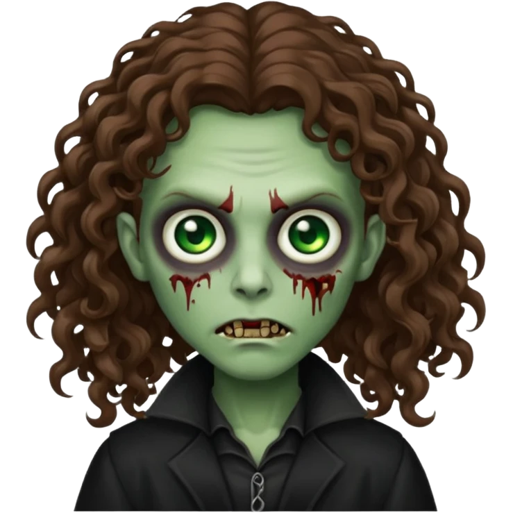 long curly haired zombie with brown hair color and green eye color, with dark vampire clothes emoji