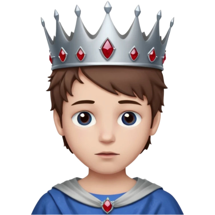 grey boy head with right eye blue and left eye red. he has messy brown hair and a silver crown with rubies on it emoji