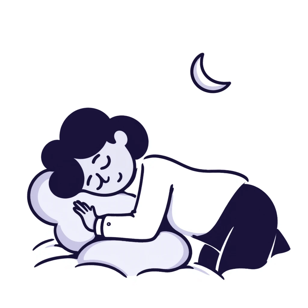 A person with closed eyes sleeping peacefully with a small crescent moon nearby. Warm, calming colors with blues and purples. Simple hand-drawn doodle style. emoji