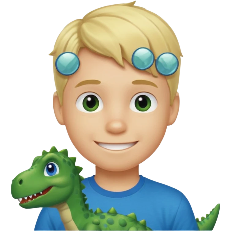A smiling blond boy with blue eyes wearing a green dinosaur T-shirt emoji