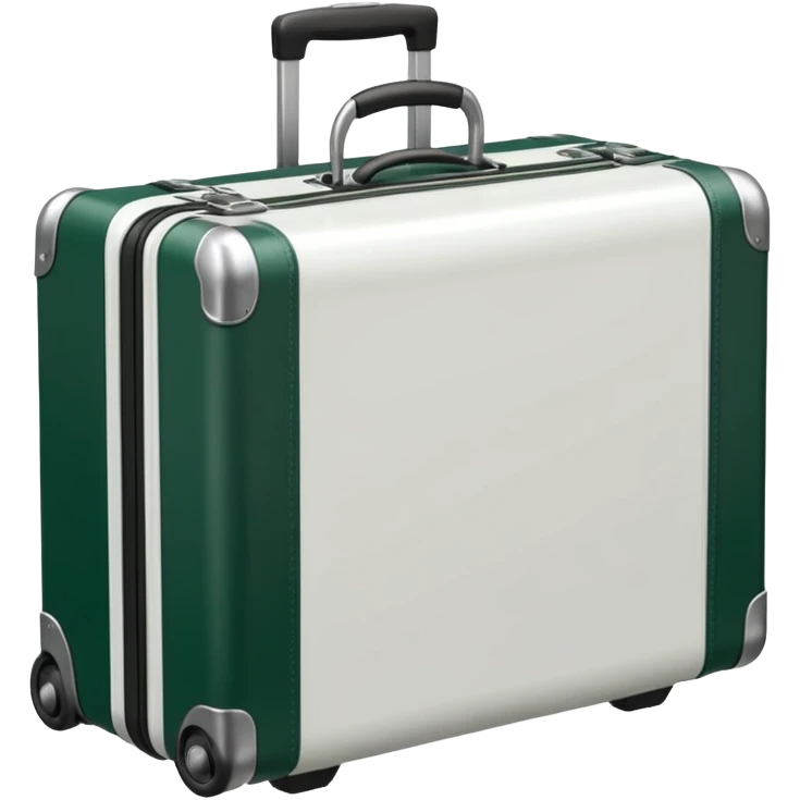 white suitcase with metal ribs, wheels, handle and corners dark green, emoji style emoji