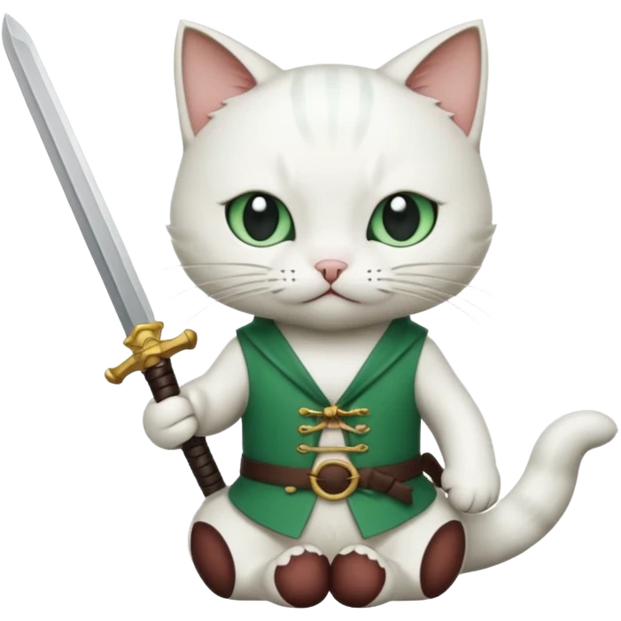 un gato blanco con reeferencia a rororoa zoro "una espada en cada mano y una en la boca" emoji