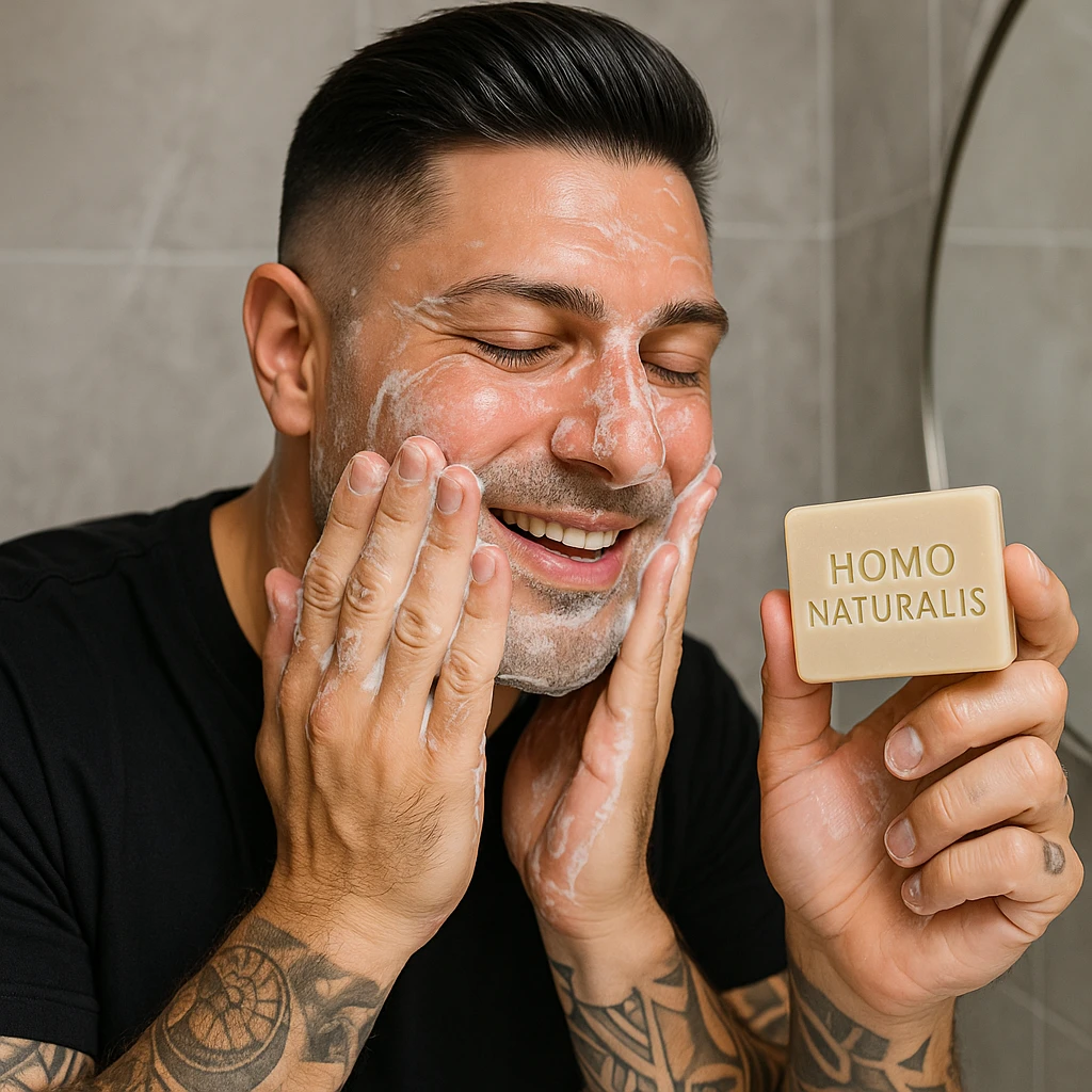 Create a realistic image of a man washing his face with a soap called 'Homo Naturalis'. The man's face and appearance should closely resemble the person in the reference photo. Show the soap with the name clearly visible. The tone should be natural and positive. emoji