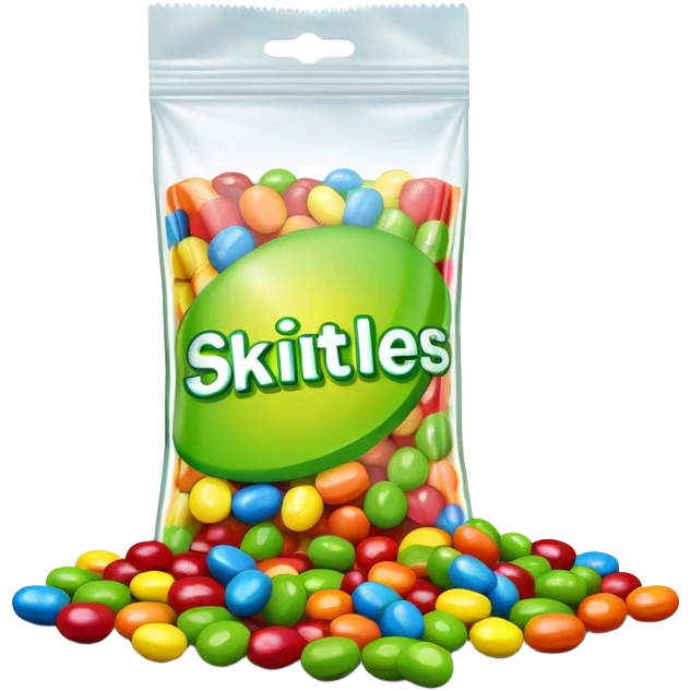 A very colorful Skittles candy package in bright rainbow colors, partially open with only green Skittles visible inside and a few green candies next to it. emoji