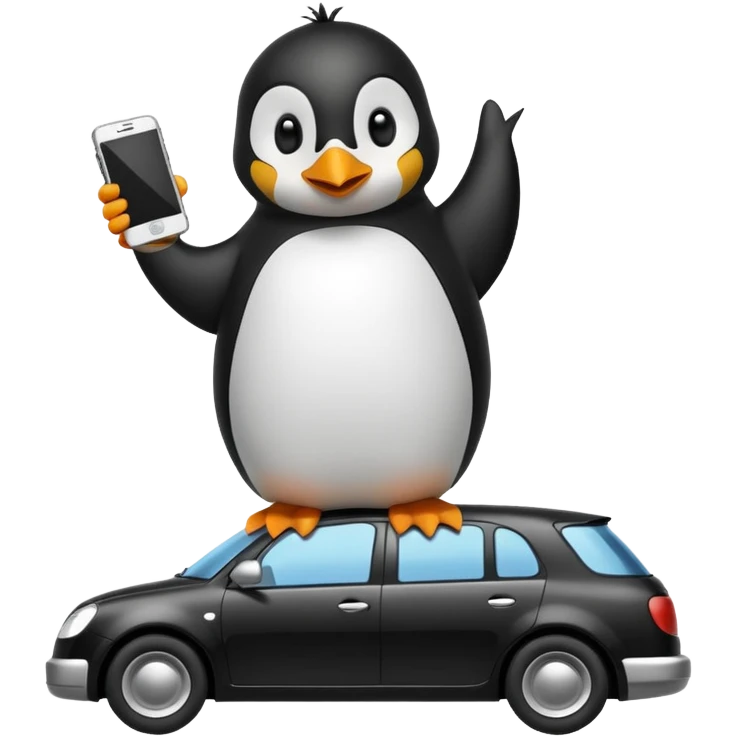Penguin with a phone on the car emoji