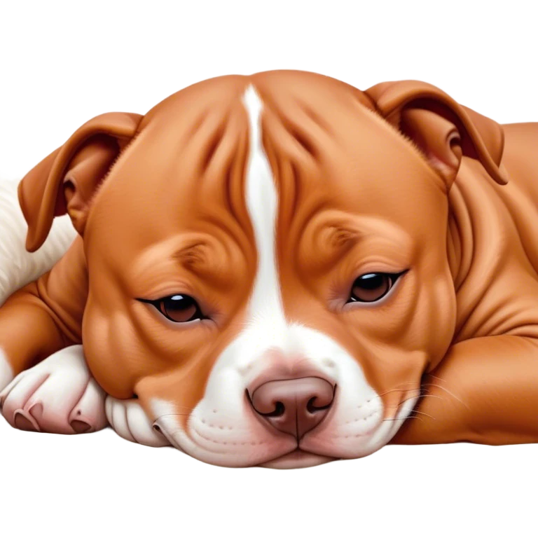 Meme-Worthy Cute Sleeping Red/Fawn Staffordshire Bull Terrier Portrait Emoji, Head resting peacefully with a contented smile, showcasing a delightfully compact build and a luxuriously soft red/fawn Fur with subtle white highlights, eyes shut in a serene nap, Simplified yet hilariously adorable features, highly detailed, glowing with a soft, drowsy light, high shine, relaxed and utterly lovable, stylized with an air of playful laziness, bright and heartwarming, soft glowing outline, capturing the essence of a comically sleepy guardian, so meme-worthy it feels like it could instantly become the next viral sensation of adorable slumber! emoji