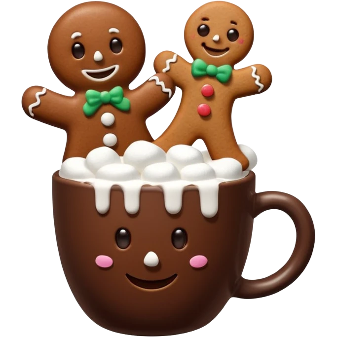 A hot chocolate with a gingerbread man and marshmallows emoji