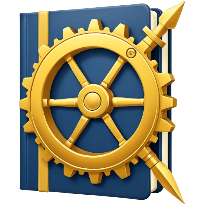 Un libro azul navy con detalles dorados, bordes metálicos y un gear dorado con una flecha ascendente como productividad en la portada, irradiando productividad, estrategia y éxito en movimiento (book of productivity) emoji