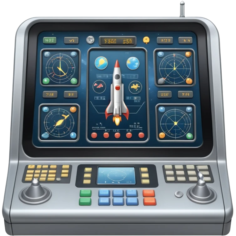 mission control console with buttons and screens showing rocket trajectory emoji