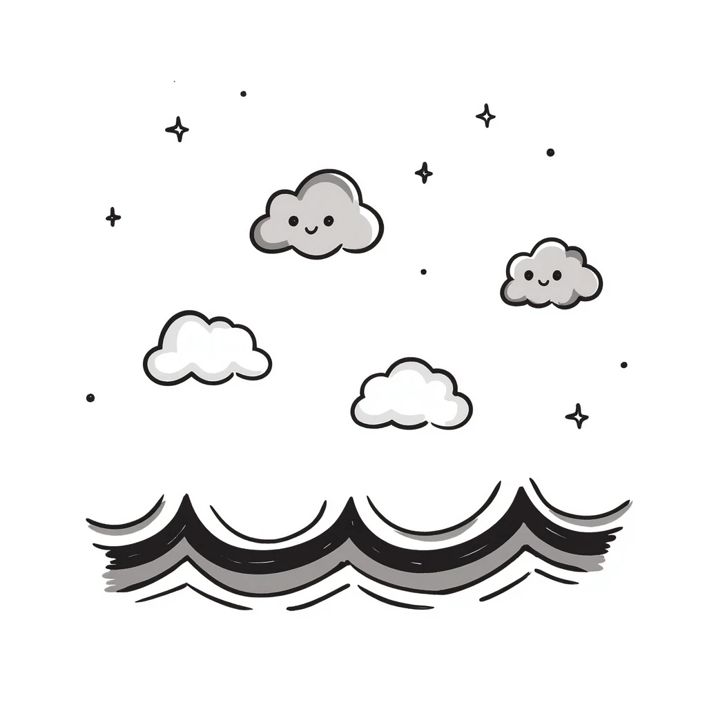 hand-drawn decorative elements including clouds, stars, ocean waves in a whimsical and airy children's book illustration style, clean and minimal, pastel tones, pencil or ink sketch look emoji