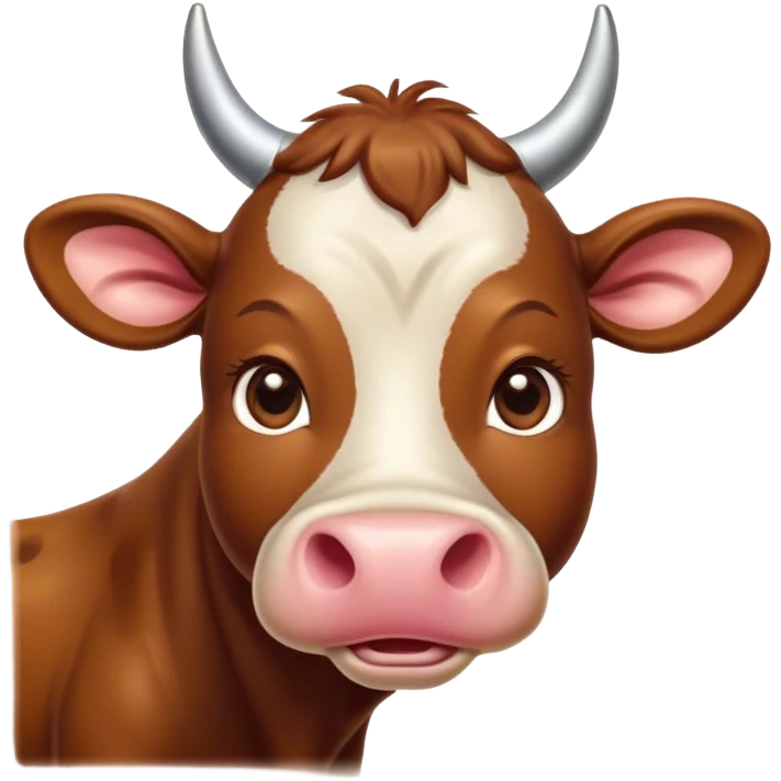 Cinematic Cute Brown Cow Portrait Emoji, Head tilted playfully and inquisitively, featuring a glossy, rich brown hide with a natural sheen, round, sparkling brown eyes filled with gentle curiosity, Simplified yet irresistibly adorable features, highly detailed, glowing with a warm, friendly glow, high shine, affectionate and serene, stylized with a touch of country charm, bright and endearing, soft glowing outline, capturing the essence of a mischievous yet loving cow, so playful it feels like it could moo out of the screen and into your arms! emoji