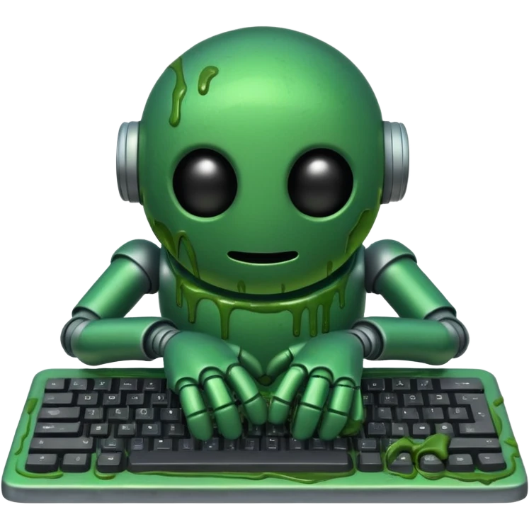 An emoji of a green robot melting away covered in thick green sludge sad and depressed, crawling out of a keyboard.  emoji
