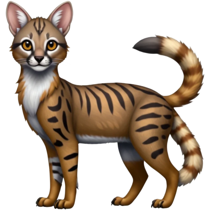 Realistic patterned marked edgy greyish blackish whitish silvery coppery Shiny Colorful Glossy Genet-Caracal-Lion-Bobcat-fusion-animal-hybrid-creature, full body, tufted ears, long thin tufted tail emoji